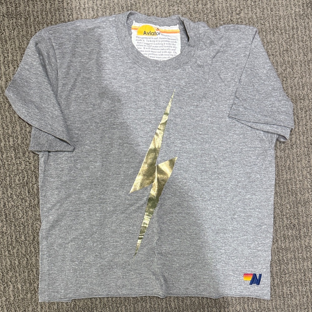 Aviator Nation Heather Gray Tee with Metallic Gold Bolt